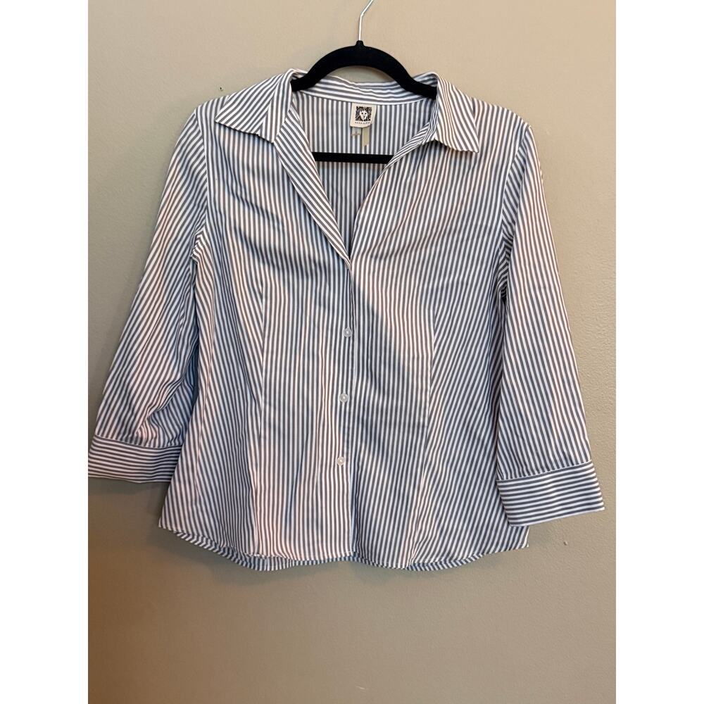 Anne Klein Pinstripe Button Front Blouse Gray White Women’s Medium - Picture 2 of 12
